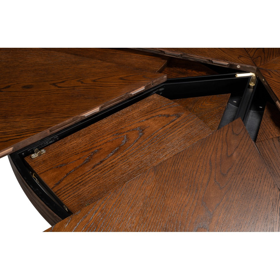 Transitional Round Jupe Dining Table, Large – Warm Brown Oak with Hammered Iron Base - additional view