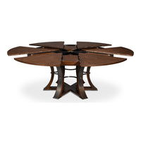 Transitional Round Jupe Dining Table, Large – Warm Brown Oak with Hammered Iron Base - additional view