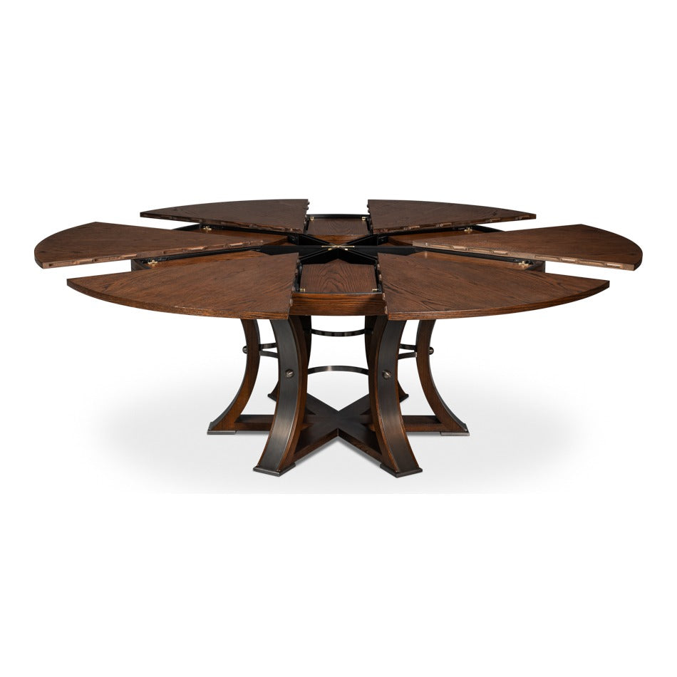 Transitional Round Jupe Dining Table, Large – Warm Brown Oak with Hammered Iron Base - additional view