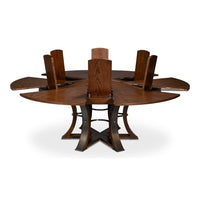 Transitional Round Jupe Dining Table, Large – Warm Brown Oak with Hammered Iron Base - additional view