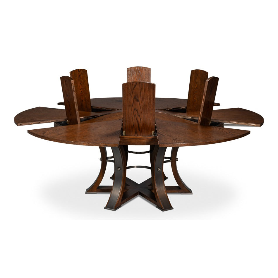 Transitional Round Jupe Dining Table, Large – Warm Brown Oak with Hammered Iron Base - additional view