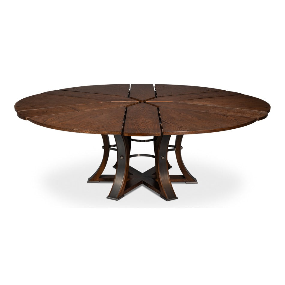 Transitional Round Jupe Dining Table, Large – Warm Brown Oak with Hammered Iron Base - additional view
