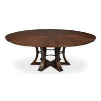 Transitional Round Jupe Dining Table, Large – Warm Brown Oak with Hammered Iron Base - additional view