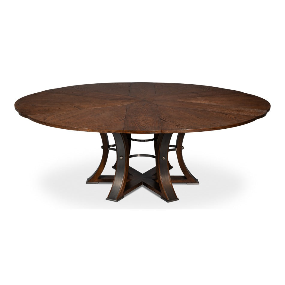 Transitional Round Jupe Dining Table, Large – Warm Brown Oak with Hammered Iron Base - additional view