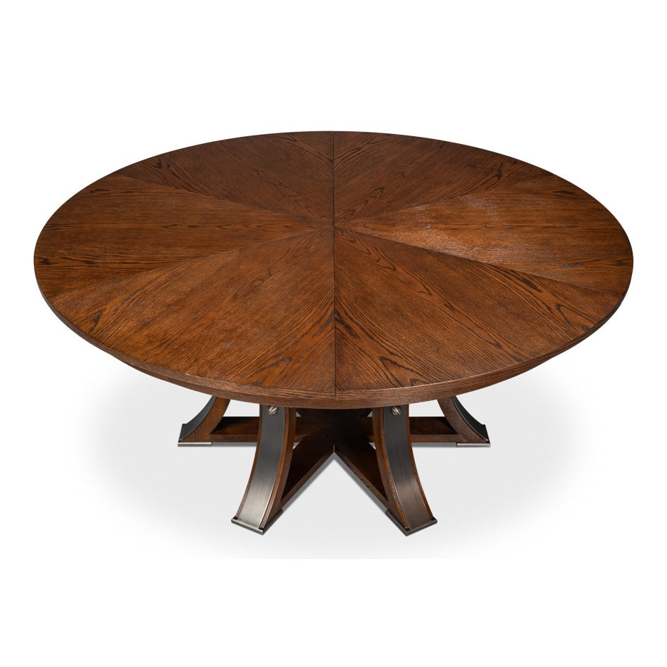 Transitional Round Jupe Dining Table, Large – Warm Brown Oak with Hammered Iron Base - additional view