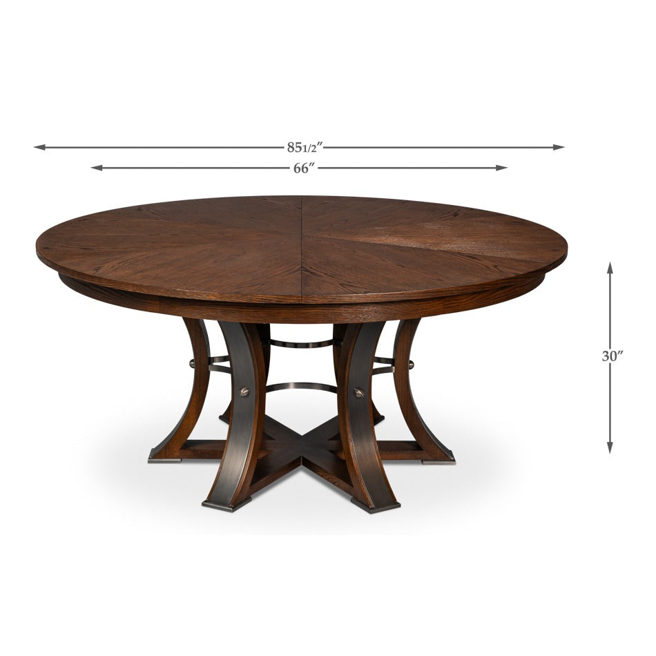 Transitional Round Jupe Dining Table, Large – Warm Brown Oak with Hammered Iron Base - dimension drawing