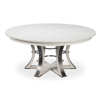 Transitional Round Jupe Dining Table, Large – White Oak with Hammered Iron Base – styled view