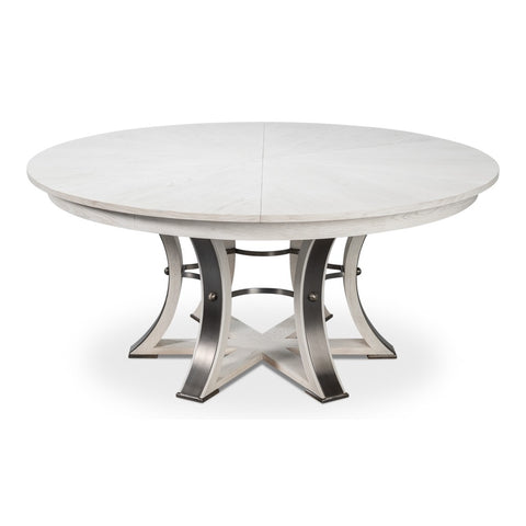 Transitional Round Jupe Dining Table, Large – White Oak with Hammered Iron Base
