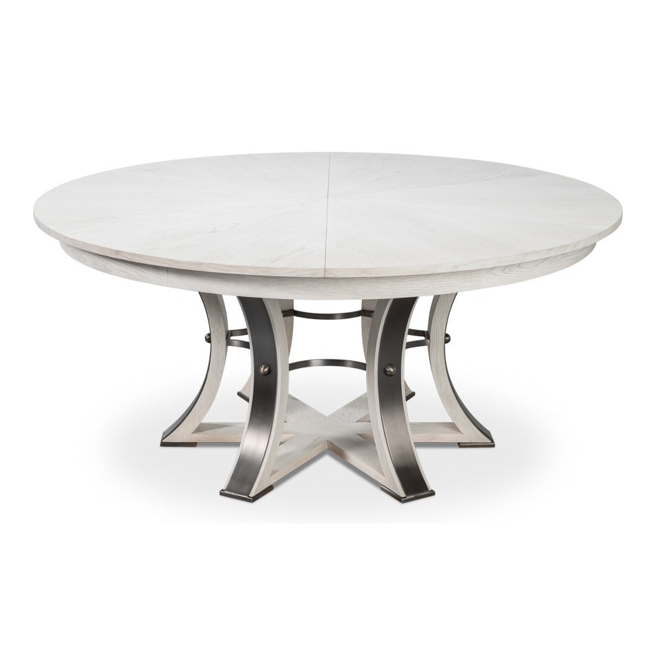 Transitional Round Jupe Dining Table, Large – White Oak with Hammered Iron Base – styled view