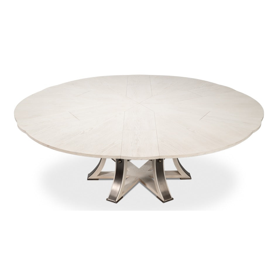 Transitional Round Jupe Dining Table, Large – White Oak with Hammered Iron Base - additional view