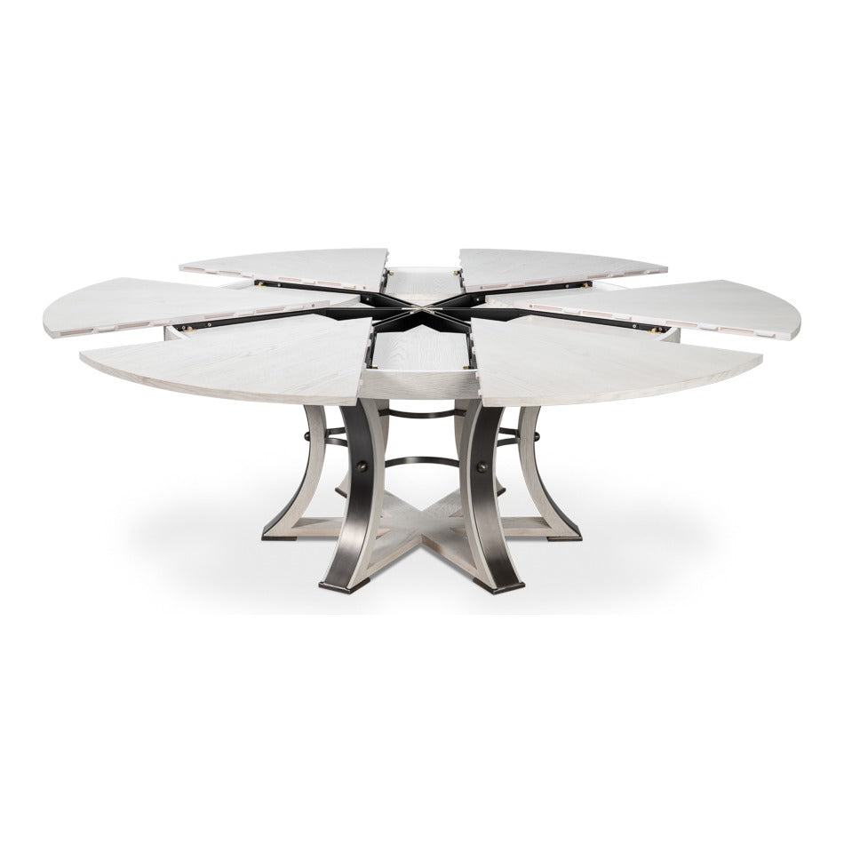 Transitional Round Jupe Dining Table, Large – White Oak with Hammered Iron Base - additional view