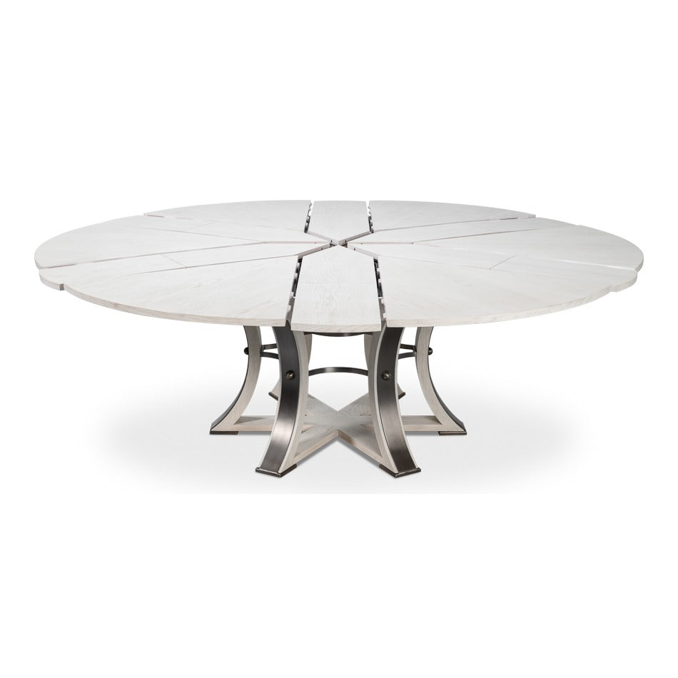 Transitional Round Jupe Dining Table, Large – White Oak with Hammered Iron Base - additional view