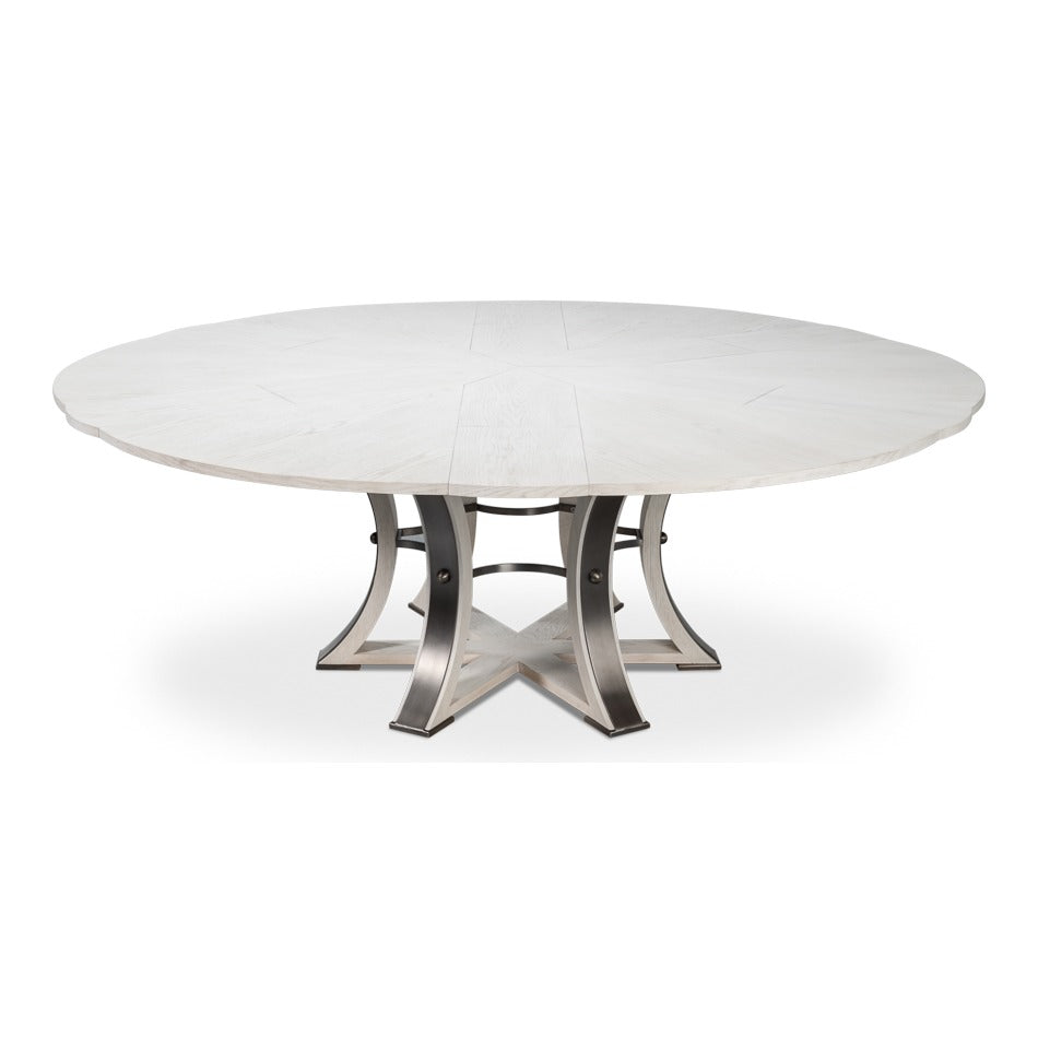 Transitional Round Jupe Dining Table, Large – White Oak with Hammered Iron Base - additional view