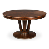 Contemporary Round Jupe Dining Table, Medium – Brown Oak with Stainless Steel Trim – styled view