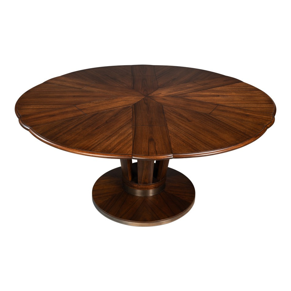 Contemporary Round Jupe Dining Table, Medium – Brown Oak with Stainless Steel Trim - additional view