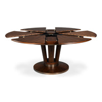 Contemporary Round Jupe Dining Table, Medium – Brown Oak with Stainless Steel Trim - additional view