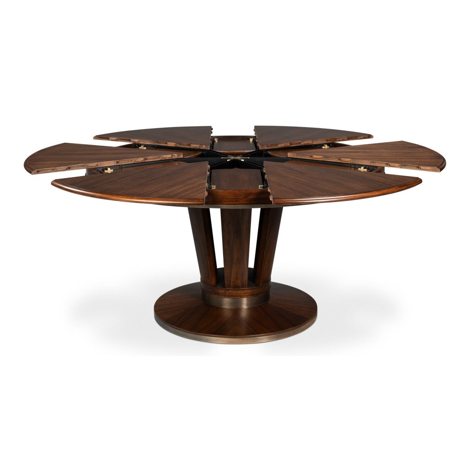 Contemporary Round Jupe Dining Table, Medium – Brown Oak with Stainless Steel Trim - additional view