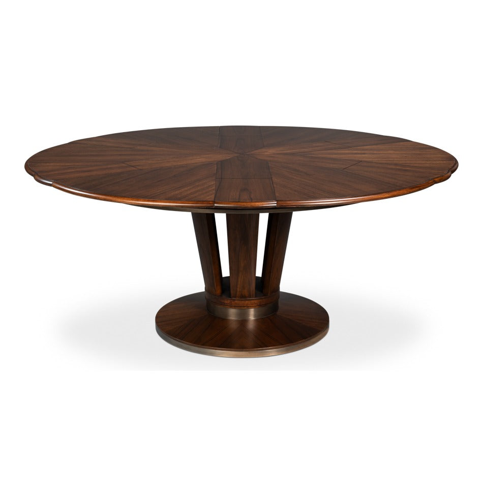 Contemporary Round Jupe Dining Table, Medium – Brown Oak with Stainless Steel Trim - additional view