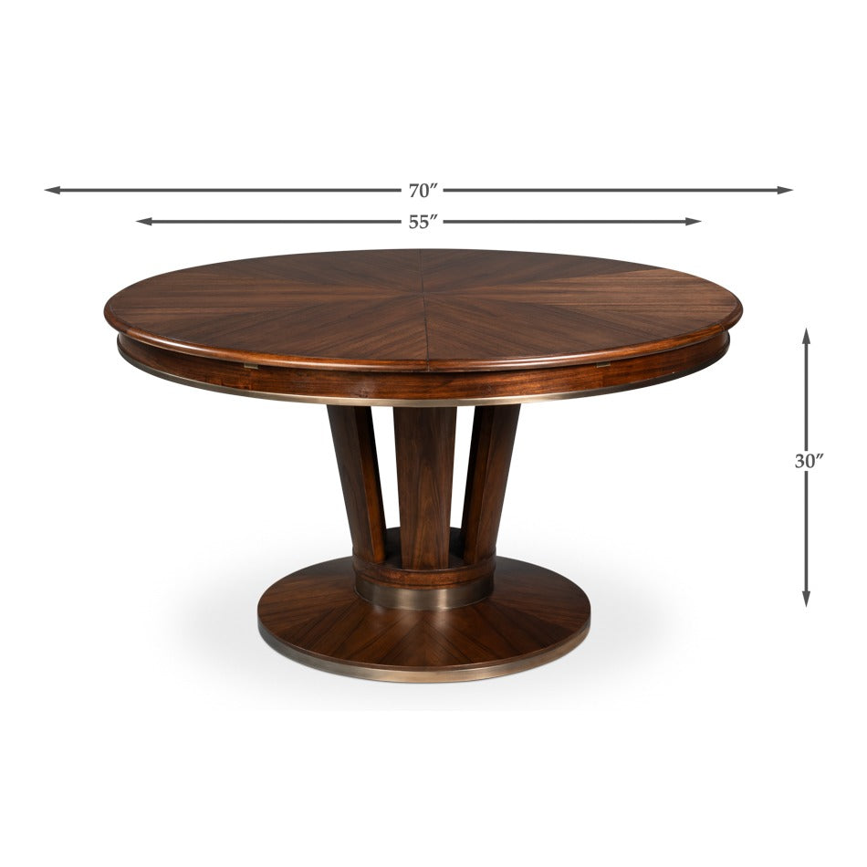 Contemporary Round Jupe Dining Table, Medium – Brown Oak with Stainless Steel Trim - dimension drawing