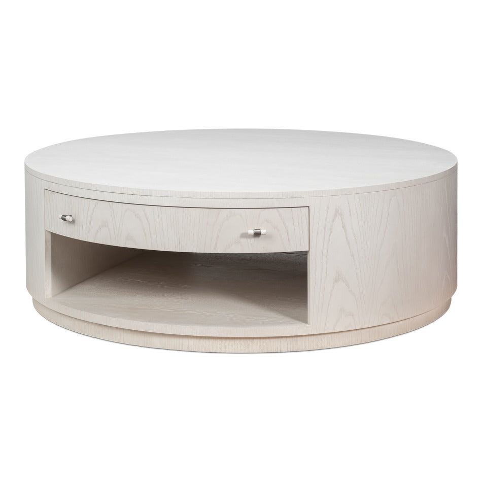 White Contemporary Round Drum Cocktail Table, 56" - styled view