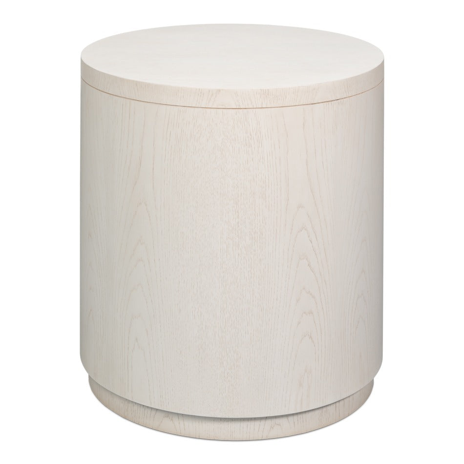 Contemporary Round Side Table – Soft White Pedestal with Drawer and Open Niche - additional view