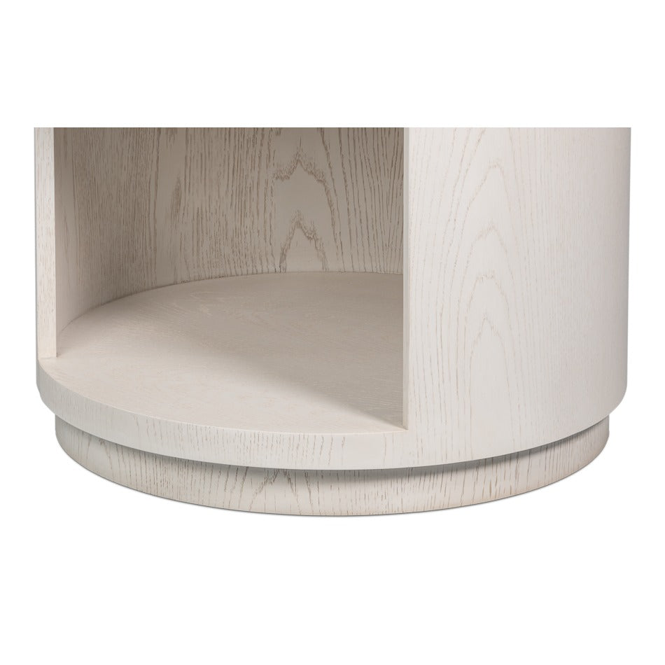 Contemporary Round Side Table – Soft White Pedestal with Drawer and Open Niche - additional view