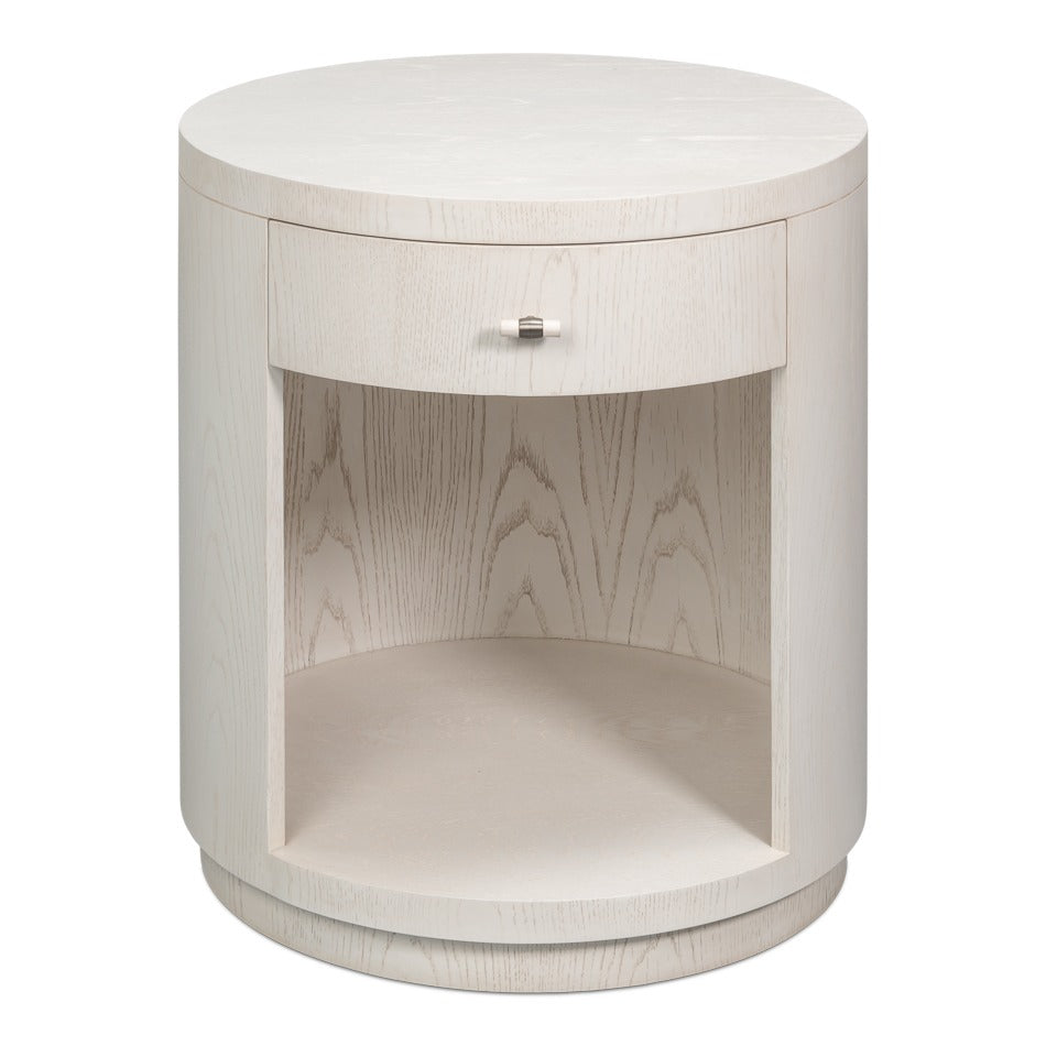 Contemporary Round Side Table – Soft White Pedestal with Drawer and Open Niche - additional view