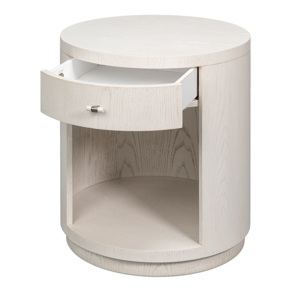 Contemporary Round Side Table – Soft White Pedestal with Drawer and Open Niche - additional view