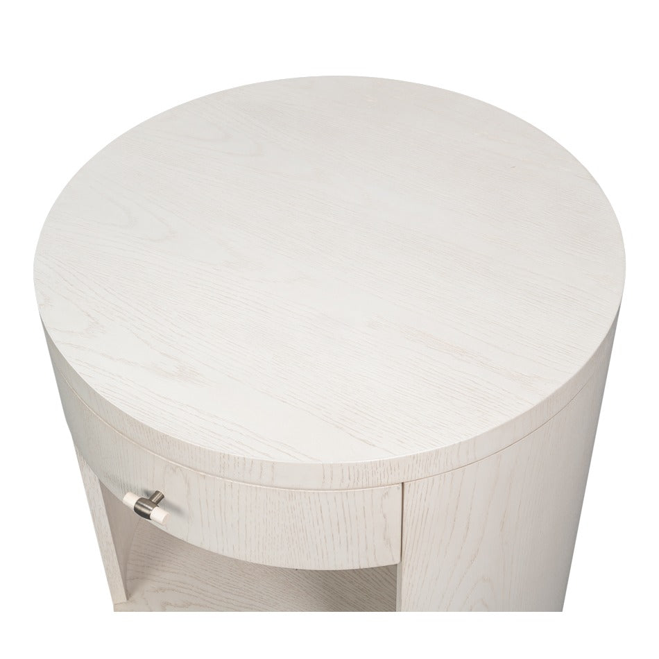 Contemporary Round Side Table – Soft White Pedestal with Drawer and Open Niche - additional view