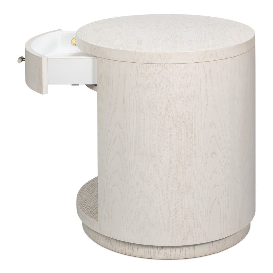 Contemporary Round Side Table – Soft White Pedestal with Drawer and Open Niche - additional view