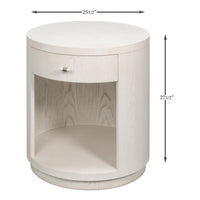 Contemporary Round Side Table – Soft White Pedestal with Drawer and Open Niche - dimension drawing
