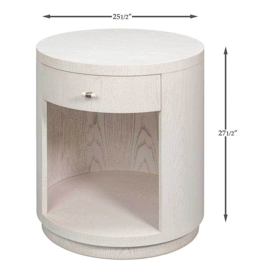 Contemporary Round Side Table – Soft White Pedestal with Drawer and Open Niche - dimension drawing
