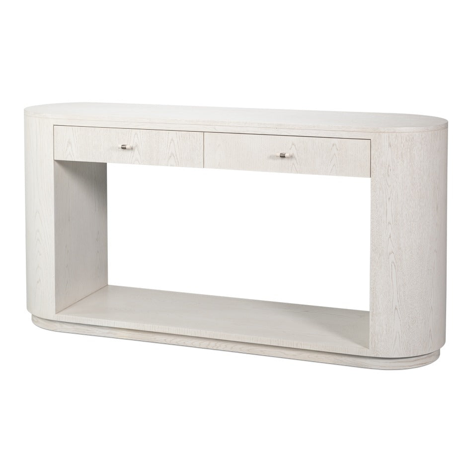 Contemporary 70-inch white oak console table in ash wood with two drawers, bar pulls, and a long lower open shelf