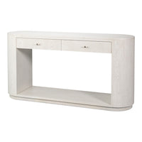 Contemporary 70-inch white oak console table in ash wood with two drawers, bar pulls, and a long lower open shelf