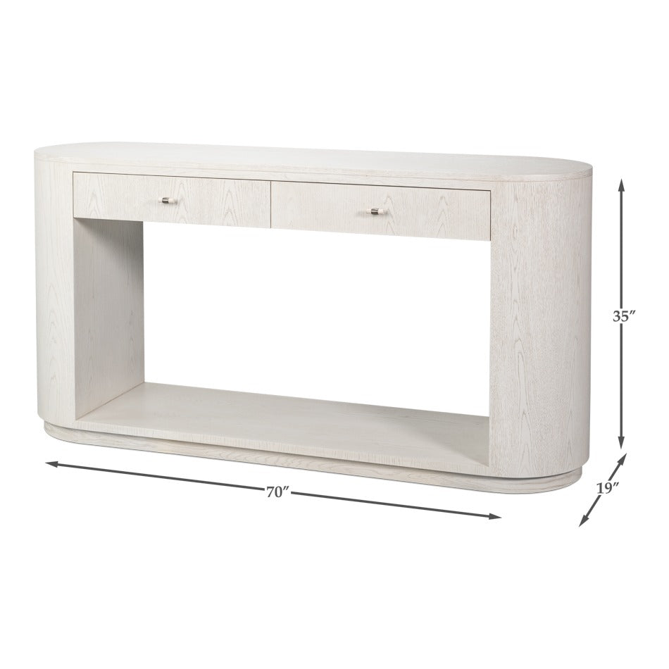 Contemporary White Oak Console Table, 70" – Two Drawers and Shelf - dimension drawing
