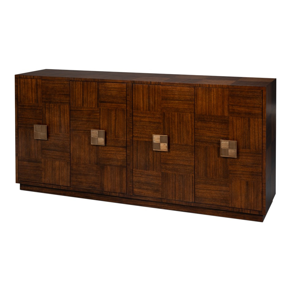 Contemporary Parquet Sideboard, 86" - Warm Brown Walnut with Square Brass-Tone Pulls – styled view