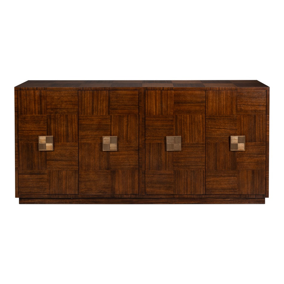 Contemporary Parquet Sideboard, 86" - Warm Brown Walnut with Square Brass-Tone Pulls - additional view