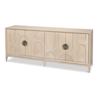 Mid-Century Modern Bleached Oak Credenza – Bronze Sunburst Pulls – styled view