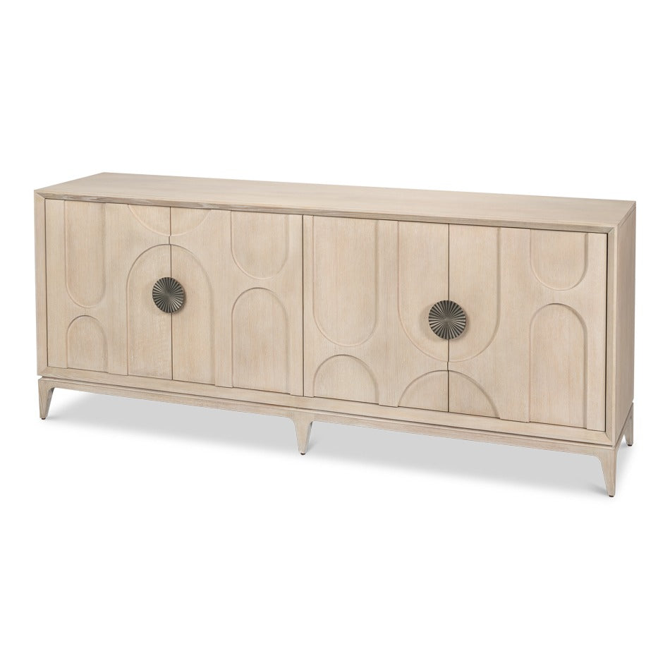Mid-Century Modern Bleached Oak Credenza – Bronze Sunburst Pulls – styled view