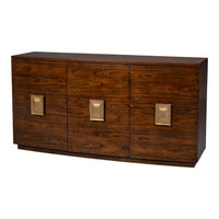 Modern Bowfront Walnut Credenza – Sculpted Stainless Pulls – styled view
