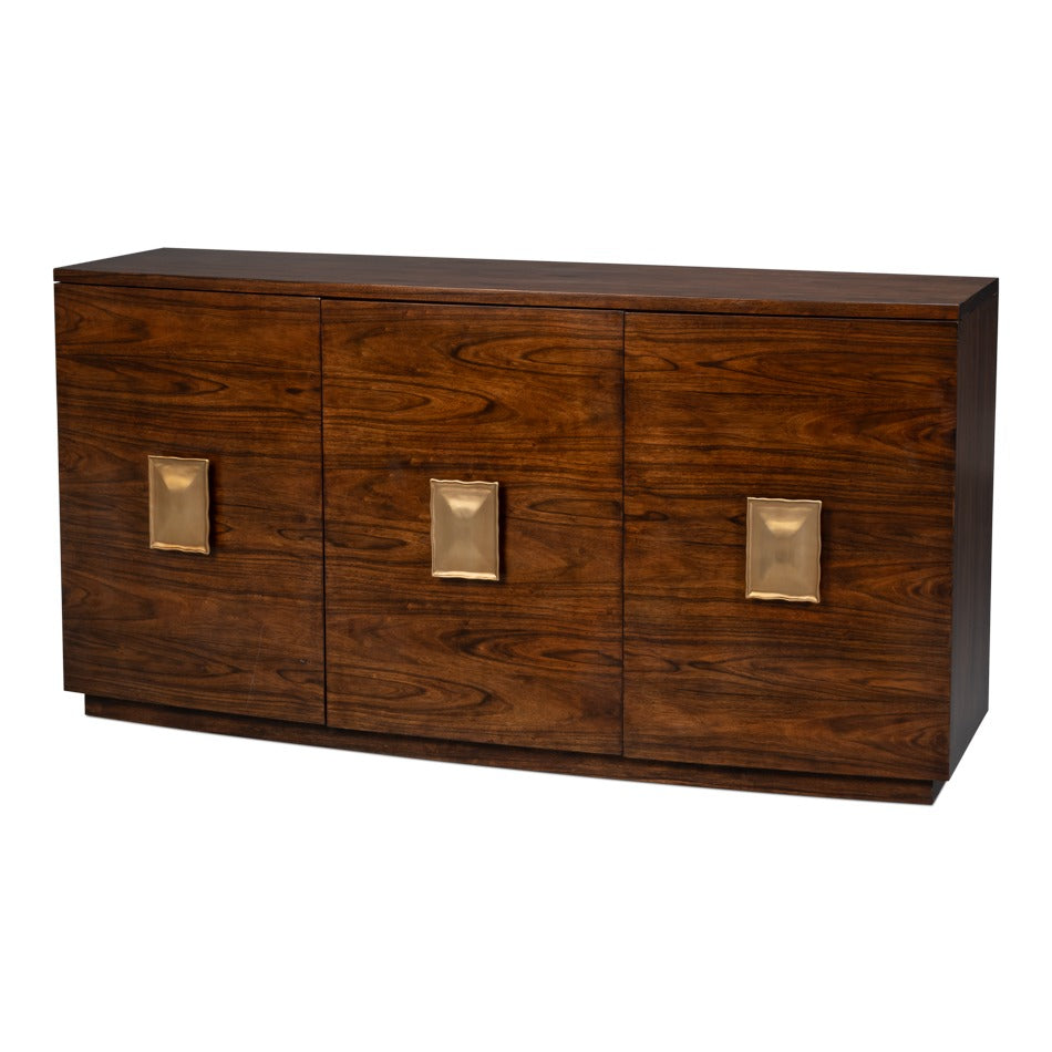 Modern Bowfront Walnut Credenza – Sculpted Stainless Pulls – styled view