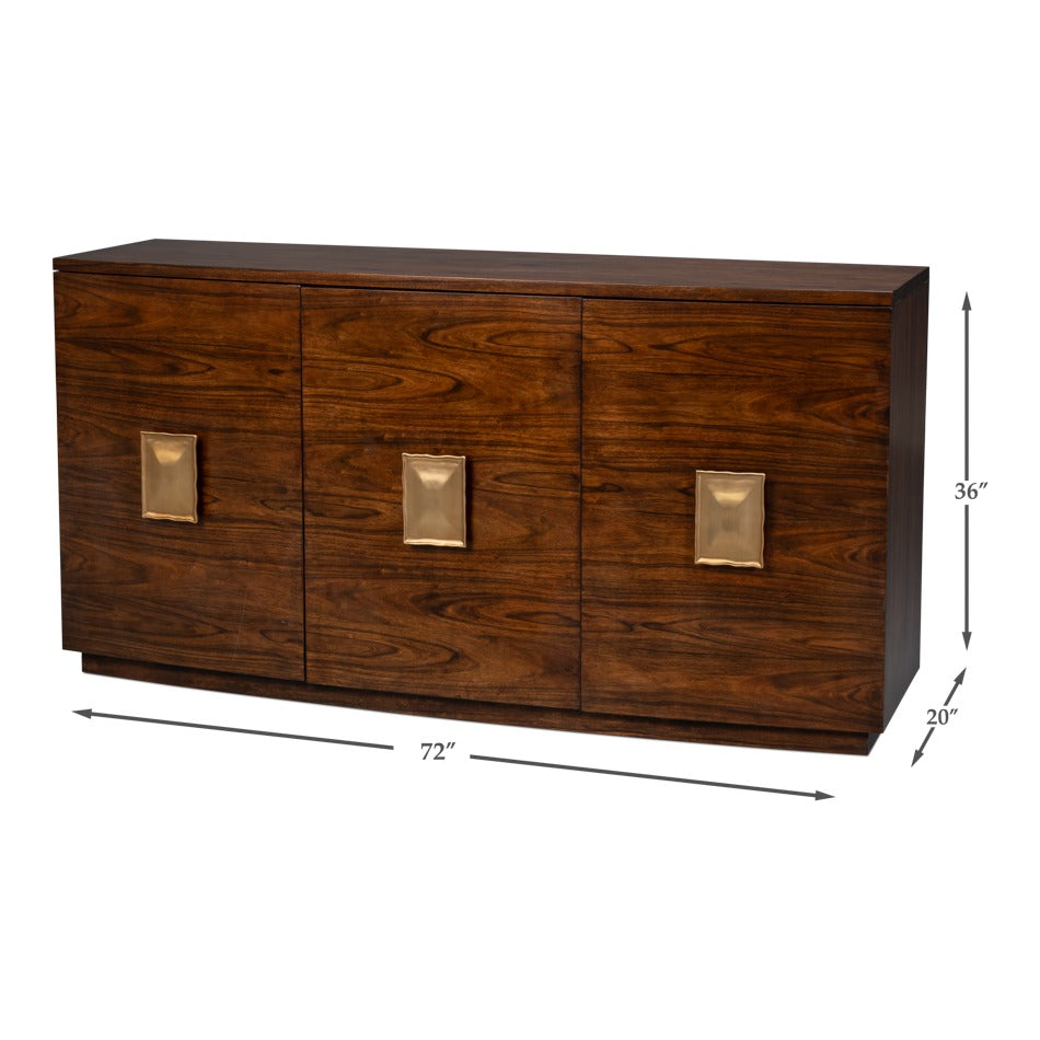 Modern Bowfront Walnut Credenza – Sculpted Stainless Pulls - dimension drawing