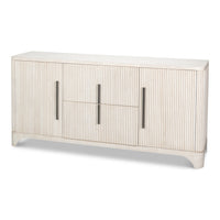 Contemporary Reeded Credenza – Soft White-Washed Oak with Slim Bar Pulls – styled view
