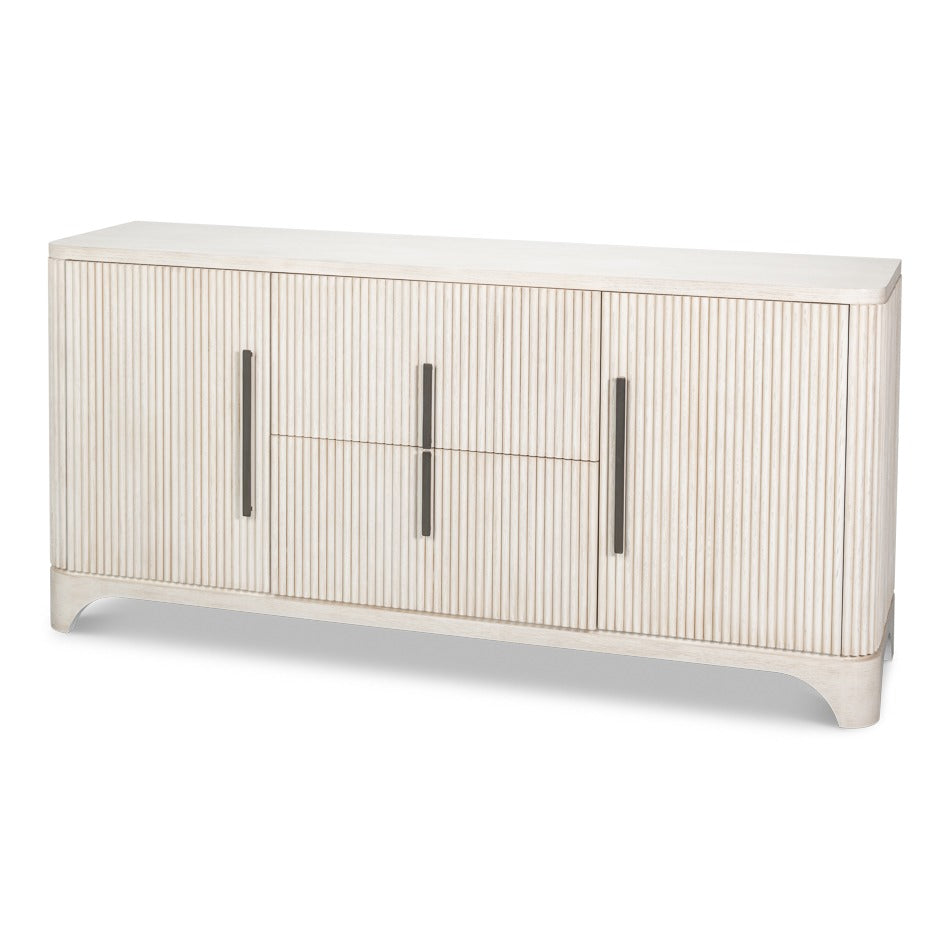Contemporary Reeded Credenza – Soft White-Washed Oak with Slim Bar Pulls – styled view