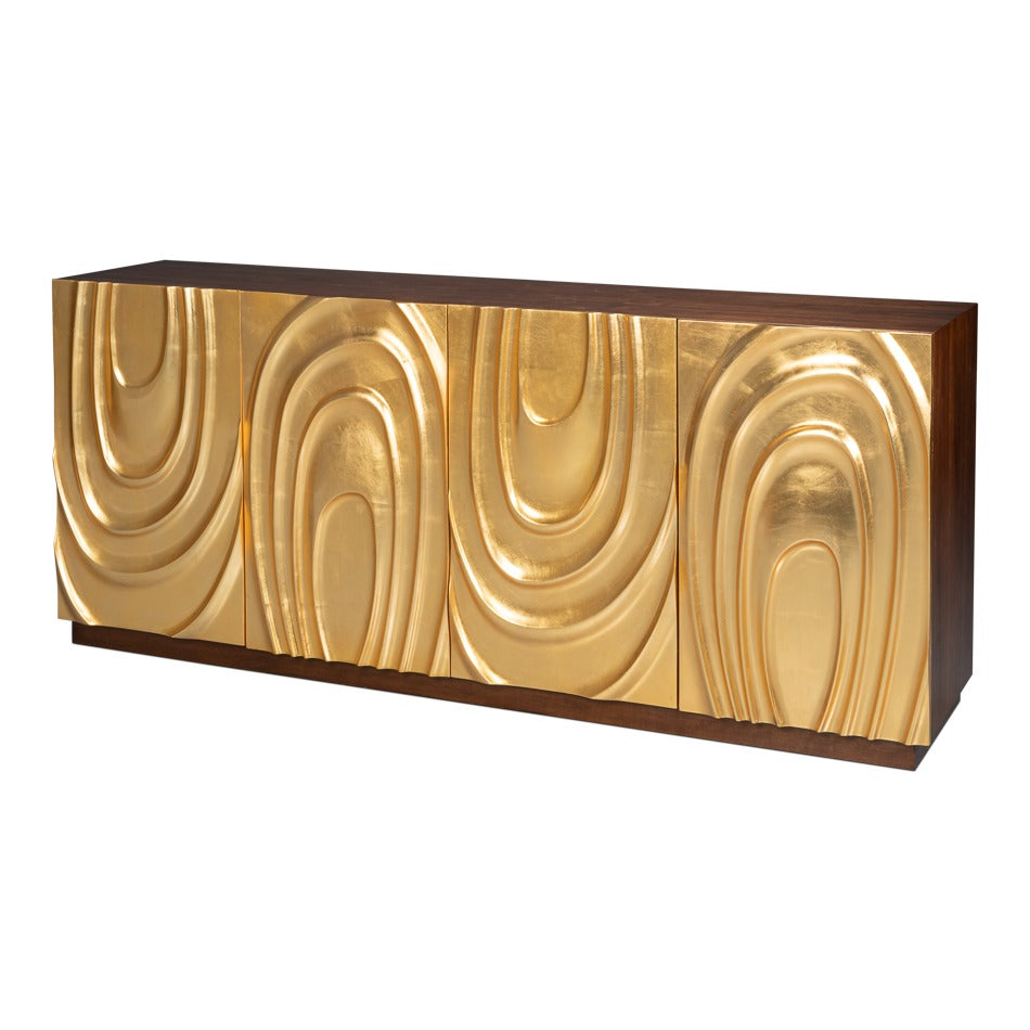 Art Deco Carved Credenza – Dark Walnut with Gold Leaf Doors – styled view