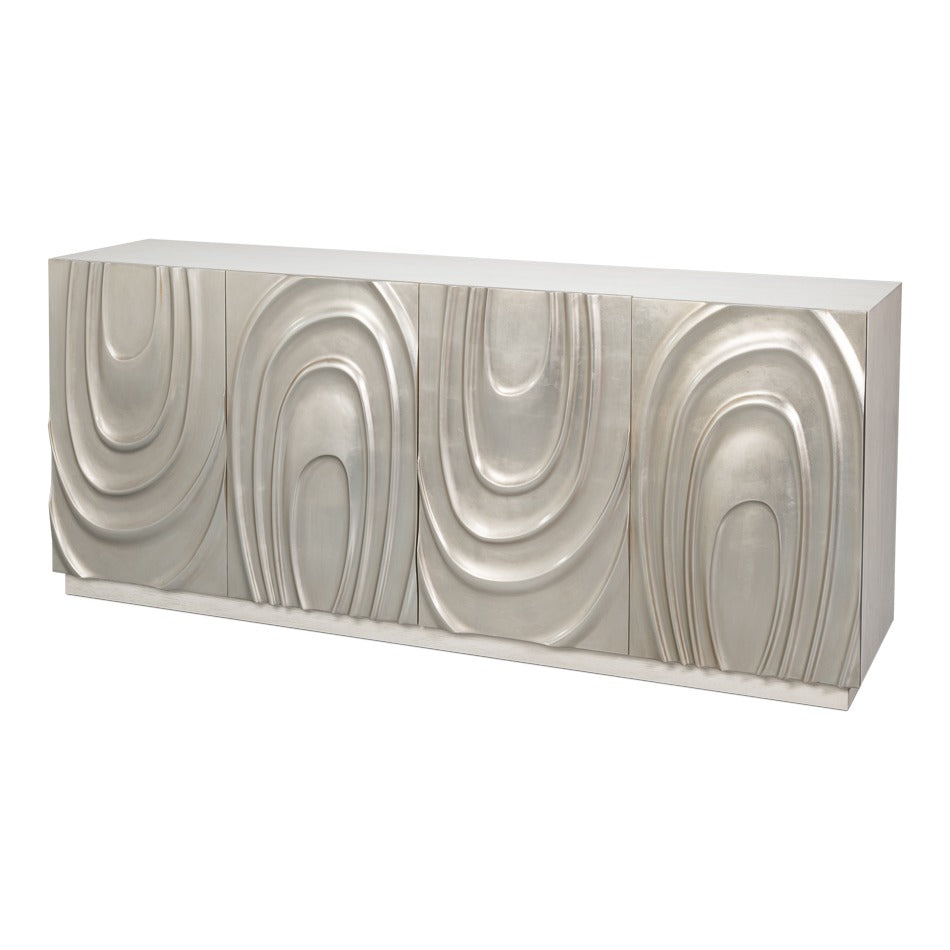 Contemporary Carved Credenza – White Oak with Silver Leaf Doors – styled view