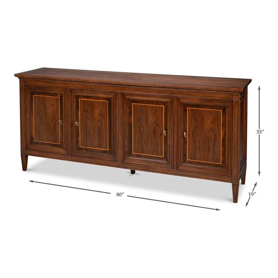 Walnut Burl Four-Door Credenza with Inlaid Panels - dimension drawing