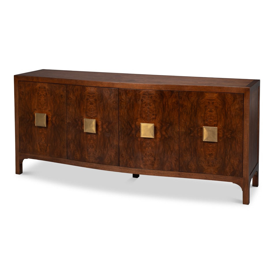 Modern Burl Walnut Bowfront Credenza, 80" with Square Brass Pulls – styled view