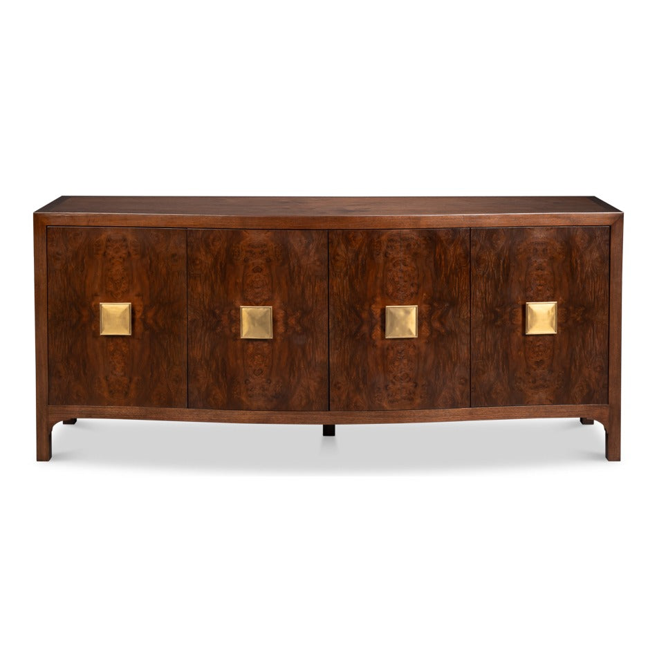 Modern Burl Walnut Bowfront Credenza, 80" with Square Brass Pulls - additional view