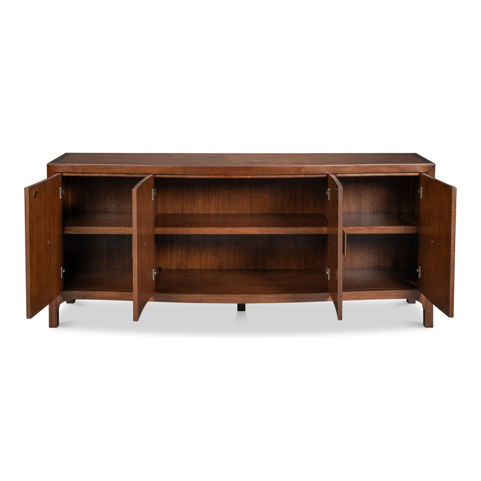 Modern Burl Walnut Bowfront Credenza, 80" with Square Brass Pulls - additional view